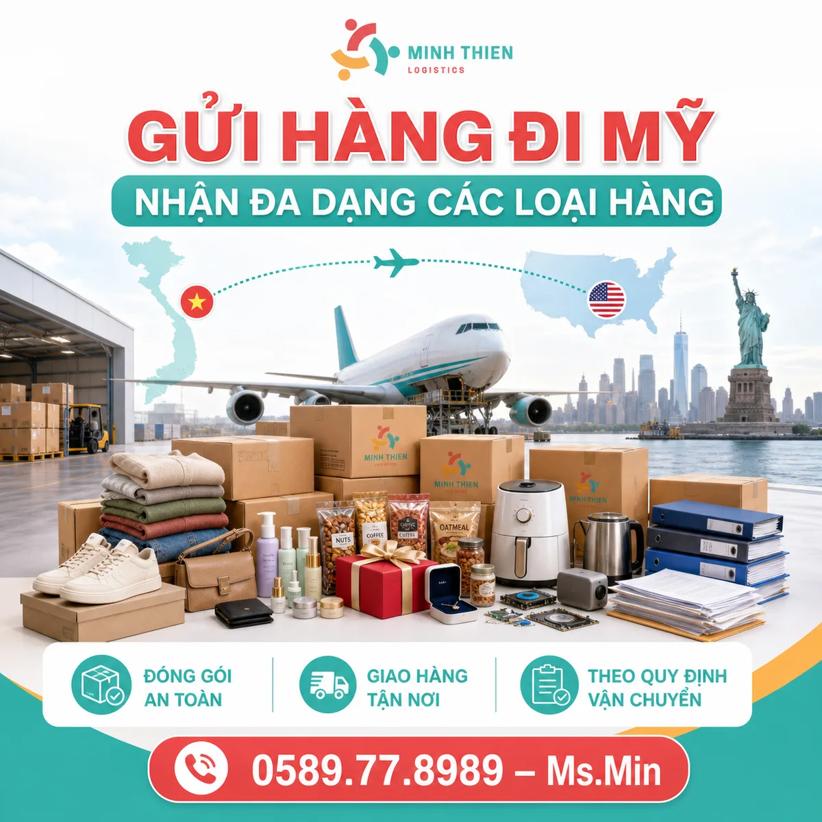 Nhận gửi đa dạng các loại hàng đi Mỹ: quần áo, mỹ phẩm, thực phẩm khô, đồ gia dụng, hồ sơ